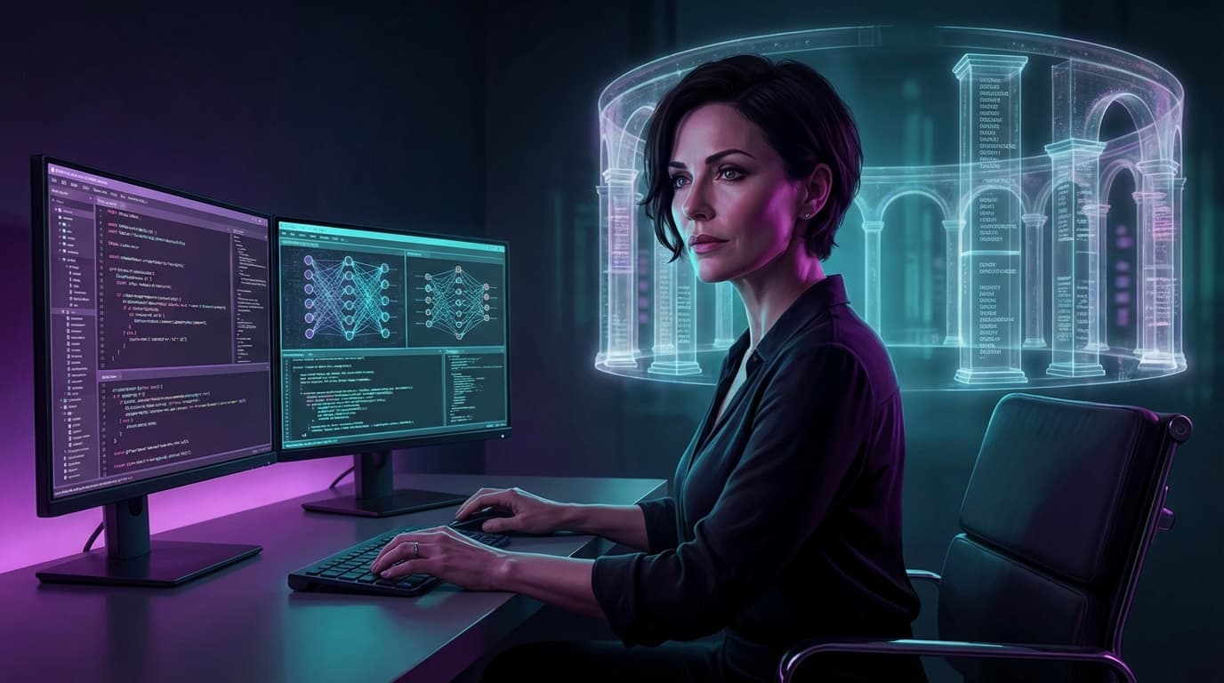 Milla Jovovich coding MemPalace — the actress turned AI developer, with a holographic memory palace in the background